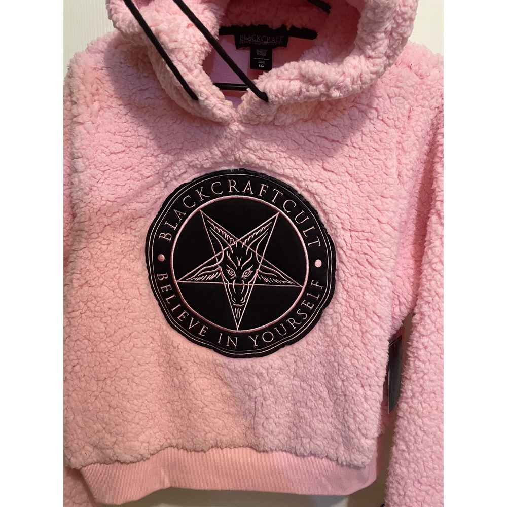 BlackCraft Cult Pink Sherpa Hoodie Believe In Yourself Baphomet Cropped LG NEW - Picture 2 of 6